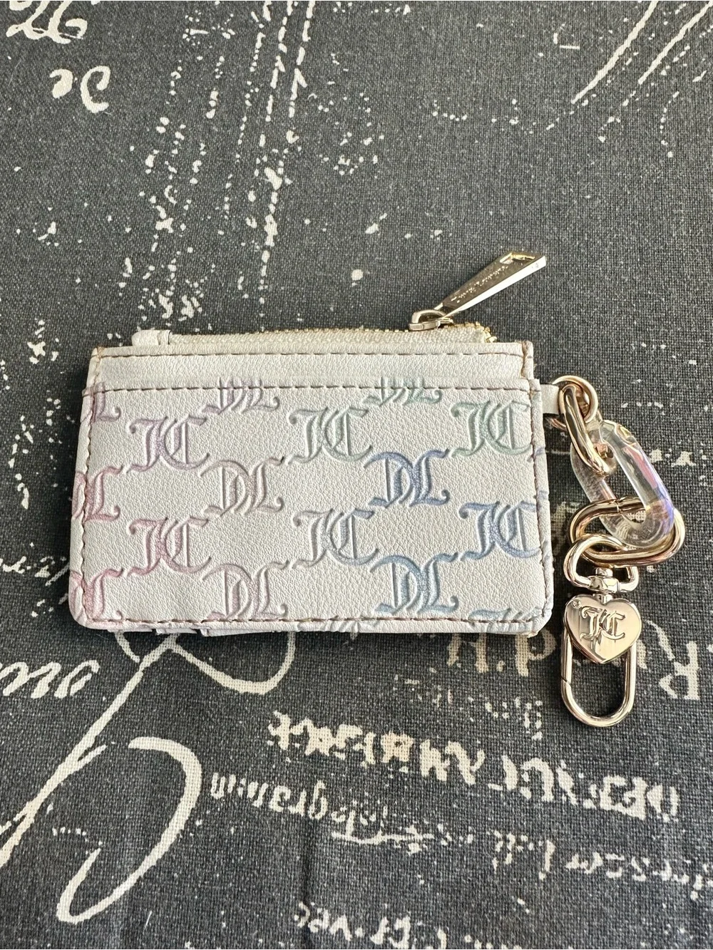 Juicy White and Gold Zipper Card Case Keychain Wallet